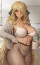 Rule 34 | 1girl, bare hips, blonde hair, blurry, blurry background, bra, breasts, cleavage, closed mouth, clothes pull, coffee mug, cowboy shot, creatures (company), cup, cynthia (pokemon), fishnet pantyhose, fishnets, game freak, grey eyes, hair ornament, hair over one eye, highleg, highleg panties, holding, holding cup, indoors, large breasts, lips, long hair, long sleeves, looking at viewer, meekohopanes, mug, navel, nintendo, panties, pantyhose, pantyhose pull, patreon logo, pokemon, pokemon dppt, solo, stomach, thick thighs, thighs, underwear, very long hair, white bra, white panties