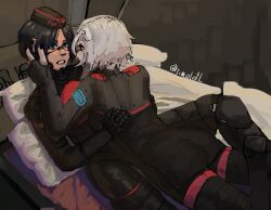 Rule 34 | 2girls, android, ariane yeong, between legs, black bodysuit, black hair, black hat, black nails, blue eyes, bodysuit, commentary, elster (signalis), english commentary, eye contact, hand on another&#039;s face, hat, highres, looking at another, lying on person, multiple girls, on bed, parted lips, pilot suit, red eyes, shirt, short hair, signalis, timolotl, twitter username, white hair, yuri