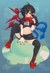 Rule 34 | 1girl, ahoge, asymmetrical wings, black hair, black thighhighs, bow, clothes lift, eyebrows, female focus, footwear bow, highres, houjuu nue, iroyopon, midriff, navel, no panties, pointy ears, red eyes, red footwear, shirt lift, shoes, short hair, skirt, solo, squiggle, thick eyebrows, thighhighs, touhou, wings, wristband
