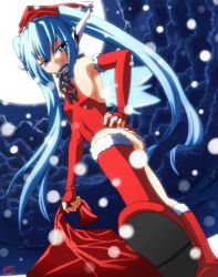 Rule 34 | 1girl, armpits, blue hair, boots, breasts, collar, female focus, flat chest, grin, hat, kneehighs, long hair, nymph (sora no otoshimono), outdoors, rayno, santa costume, santa hat, sideboob, sky, small breasts, smile, snow, socks, solo, sora no otoshimono, twintails