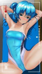 Rule 34 | 1girl, aigami kaon, armpits, bed, blue eyes, blue hair, blue one-piece swimsuit, breasts, clothes pull, commentary request, competition swimsuit, covered navel, cowboy shot, garter-velvet, highleg, highleg swimsuit, highres, looking at viewer, lying, medium breasts, multicolored clothes, multicolored swimsuit, one-piece swimsuit, one-piece swimsuit pull, one-piece tan, original, pov, recording, solo, swimsuit, tan, tanline, viewfinder