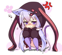 Rule 34 | &gt;:t, 1girl, :t, analog kenshi (moto), anger vein, animal ears, animal hood, blush, cat ears, cat tail, hair ornament, hood, hooded jacket, hoodie, jacket, kemonomimi mode, long hair, long sleeves, low twintails, pout, purple eyes, purple hair, purple thighhighs, rabbit ears, rabbit hood, solo, squatting, tail, thighhighs, twintails, v-shaped eyebrows, vocaloid, voiceroid, yuzuki yukari