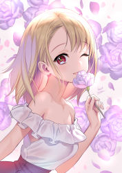 Rule 34 | 1girl, ;d, artist name, asymmetrical bangs, bare shoulders, blonde hair, breasts, collarbone, commentary request, flower, from side, holding, holding flower, looking at viewer, looking to the side, midori foo, off-shoulder shirt, off shoulder, one eye closed, open mouth, original, petals, purple flower, purple rose, red eyes, rose, rose petals, shirt, signature, small breasts, smile, solo, upper body, white shirt
