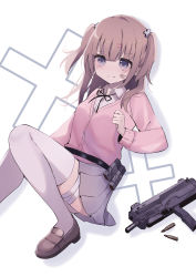 Rule 34 | 1girl, absurdres, bad id, bad pixiv id, bandaid, bandaid on cheek, bandaid on face, black ribbon, blue eyes, blush, breasts, brown footwear, brown hair, bullet, cardigan, closed mouth, collared shirt, commentary request, dress shirt, grey skirt, gun, hair between eyes, hair ornament, hairclip, highres, loafers, long sleeves, neck ribbon, original, pink cardigan, pleated skirt, ribbon, shirt, shoes, skirt, small breasts, smile, solo, submachine gun, sweat, thighhighs, tsuruse, two side up, weapon, weapon request, white background, white shirt, white thighhighs