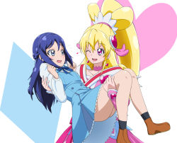 Rule 34 | 2girls, :o, ;), ;d, acchi (koiyimknp), aida mana, ass, blonde hair, blue eyes, blue hair, blush, braid, brooch, carrying, couple, cure heart, diamond (gemstone), dokidoki! precure, dress, earrings, eye contact, female focus, french braid, hair ornament, heart, heart brooch, heart earrings, heart hair ornament, highres, hishikawa rikka, jewelry, long hair, looking at another, magical girl, multiple girls, no panties, one eye closed, open mouth, pink eyes, pink hair, ponytail, precure, princess carry, school uniform, smile, wink, yuri