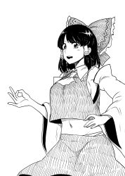 Rule 34 | 1girl, absurdres, ascot, blush, bow, breasts, cowboy shot, detached sleeves, greyscale, hair bow, hair tubes, hakurei reimu, hand on own hip, highres, himajin noizu, long sleeves, looking at viewer, medium breasts, midriff, monochrome, navel, open mouth, panties, sideboob, sidelocks, simple background, skirt, solo, touhou, underwear, white background, wide sleeves