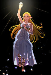 Rule 34 | 1girl, absurdres, arm up, bare shoulders, black background, blonde hair, bracelet, closed mouth, commentary, dress, english commentary, full body, highres, jewelry, long dress, long hair, looking to the side, looking up, nintendo, oratoza, pointy ears, princess zelda, sandals, sleeveless, sleeveless dress, solo, sparkle, the legend of zelda, the legend of zelda: breath of the wild, thick eyebrows, white dress