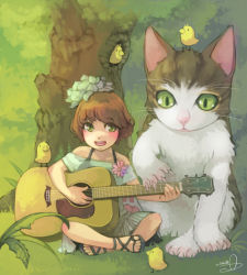 Rule 34 | animal, animal on head, bare shoulders, bird, bird on head, brown hair, cat, chick, commentary request, dress, giant cat, green eyes, guitar, hair ornament, indian style, instrument, looking at viewer, music, on head, original, oversized animal, pagom, playing instrument, sandals, sitting, sleeveless, sleeveless dress, strapless, strapless dress, tree