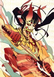 Rule 34 | 1boy, black hair, blood, blood from mouth, blood on clothes, blood on face, dust, fangs, hair ornament, highres, horns, japanese clothes, katana, kikunojo (one piece), kimono, long hair, male focus, mask, one piece, oni mask, ribbon, signature, solo, sword, teardrop, tears, teeth, toboldlymuppet, weapon, yellow kimono