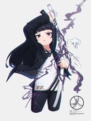 Rule 34 | 1girl, :o, arm up, aura, black eyes, black hair, black jacket, black pants, blunt bangs, collarbone, commentary request, cropped legs, dark aura, floating hair, grey background, highres, holding, holding sheath, holding sword, holding weapon, jacket, katana, kuro kosyou, long hair, looking at viewer, open clothes, open jacket, original, pants, parted lips, sheath, shikigami, shirt, simple background, solo, sword, unsheathing, v-shaped eyebrows, very long hair, weapon, white shirt