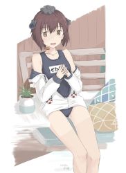 Rule 34 | 1girl, black one-piece swimsuit, blue one-piece swimsuit, brown eyes, brown hair, chair, drawstring, feet out of frame, fingers together, headset, hikashima (shiofune), hood, hooded jacket, hoodie, jacket, kantai collection, name tag, one-piece swimsuit, open mouth, pillow, plant, round teeth, school swimsuit, short hair, sitting, solo, speaking tube headset, swimsuit, teeth, upper teeth only, white background, white jacket, yukikaze (kancolle)