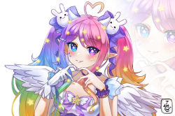 Rule 34 | 1girl, ahoge, artist logo, artist name, aze ato, blonde hair, blue eyes, blue hair, blush, bow, bracelet, brooch, rabbit hair ornament, collarbone, commentary, demon horns, dress, emberlith, english commentary, facial mark, gloves, gradient hair, green hair, hair bow, hair ornament, heart, heart ahoge, heart facial mark, heart hands, heterochromia, horns, idol clothes, indie virtual youtuber, jewelry, looking at viewer, magical girl, mini wings, multicolored hair, neck ribbon, parted lips, pink hair, pointy ears, purple bow, purple eyes, purple hair, purple ribbon, ribbon, scrunchie, sidelocks, single glove, sleeveless, sleeveless dress, solo, sparkle facial mark, star-shaped pupils, star (symbol), star brooch, star facial mark, star hair ornament, symbol-shaped pupils, twintails, upper body, virtual youtuber, white background, white gloves, wings, wrist scrunchie, zoom layer