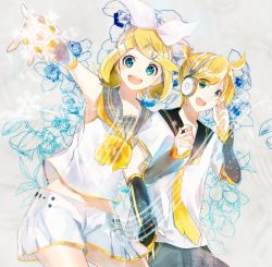 Rule 34 | 1boy, 1girl, bad id, bad pixiv id, blonde hair, blue eyes, brother and sister, detached sleeves, flower, hair ribbon, headphones, kagamine len, kagamine len (vocaloid4), kagamine rin, kagamine rin (vocaloid4), long hair, looking at viewer, open mouth, ribbon, short hair, siblings, skirt, tatsumi3, twins, v4x, vocaloid, white ribbon, white skirt