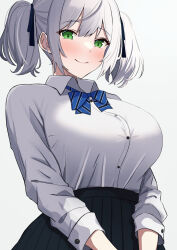 Rule 34 | 1girl, alternate hairstyle, amenocchi, black ribbon, black skirt, blush, bow, bowtie, breasts, closed mouth, collared shirt, commentary request, green eyes, grey hair, hair ribbon, highres, hololive, large breasts, long sleeves, looking at viewer, pleated skirt, ribbon, shirogane noel, shirogane noel (school uniform), shirt, shirt tucked in, short hair, short twintails, simple background, skirt, smile, solo, striped, striped bow, twintails, virtual youtuber, white background, white shirt