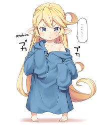 Rule 34 | 1girl, barefoot, blonde hair, blue eyes, blue shirt, charlotta (granblue fantasy), curly hair, full body, granblue fantasy, harvin, jingai modoki, long hair, no pants, off shoulder, oversized clothes, pointy ears, shirt, sleeves past wrists, solo, standing