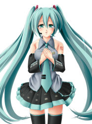 Rule 34 | 00s, 1girl, aqua eyes, aqua hair, blush, detached sleeves, hand on own chest, hands on own chest, hatsune miku, headset, long hair, looking at viewer, matching hair/eyes, mumumu (road), necktie, parted lips, simple background, skirt, solo, standing, thighhighs, twintails, very long hair, vocaloid, white background