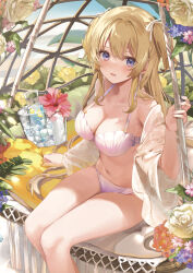 Rule 34 | 1girl, blonde hair, blush, bra, breasts, cleavage, collarbone, feet out of frame, flower, hair ribbon, hanging chair, hibiscus, highres, ice bucket, kanda done, lingerie, long hair, medium breasts, navel, off shoulder, original, panties, plant, purple bra, purple eyes, purple panties, red flower, ribbon, rose, see-through, see-through shirt, shirt, sidelocks, sitting, smile, solo, stomach, swept bangs, twintails, underwear, underwear only, white flower, white ribbon, white rose, white shirt