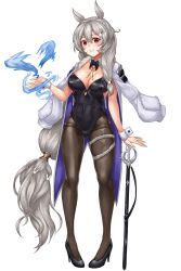 Rule 34 | 1girl, baeg mi, black bow, black leotard, bow, bowtie, breasts, rabbit hair ornament, cape, cleavage, closed mouth, covered navel, detached collar, gluteal fold, grey hair, hair ornament, high heels, highleg, highleg leotard, highres, houchi shoujo, jacket, jacket on shoulders, large breasts, leotard, long hair, looking at viewer, magic, pantyhose, playboy bunny, ponytail, pussy, red eyes, side ponytail, simple background, smile, solo, sword, thigh strap, thighs, very long hair, weapon, white background, white hair, wrist cuffs
