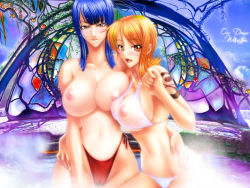 Rule 34 | 2girls, bikini, blue hair, blush, breast press, breasts, brown eyes, covered erect nipples, hand on own hip, huge breasts, kagami hirotaka, long hair, multiple girls, nami (one piece), navel, nico robin, nipples, one piece, onsen, open mouth, orange hair, see-through, short hair, smile, swimsuit, tan, tanline, tattoo, third-party edit, topless