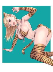 Rule 34 | 1girl, animal ears, animal print, armpits, ass, bikini, blonde hair, blue bag, breasts, chinese zodiac, commentary request, copyright request, detached sleeves, fake animal ears, green eyes, highres, kneeling, large breasts, looking at viewer, navel, open mouth, print bikini, print thighhighs, smile, solo, striped tail, swimsuit, tail, teeth, thighhighs, tiger ears, tiger print, tiger tail, two-tone background, upper teeth only, white background, year of the tiger, yellow bikini, yellow thighhighs, yuuji (and)
