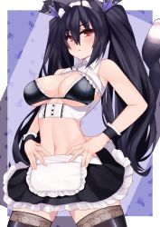 Rule 34 | alternate costume, animal ears, apron, bare shoulders, black hair, boots, bra, breasts, cat ears, cat tail, cleavage, collar, cuffs, dress, dura, frawn, hairband, highres, long hair, maid, medium breasts, neptune (series), noire (neptunia), red eyes, ribbon, skirt, solo, tail, thighhighs, thighs, tsundere, twintails, underwear, undressing, uniform, vest