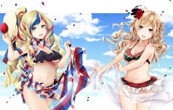 Rule 34 | 2girls, akatsuki hijiri, anchor hair ornament, bare shoulders, beret, bikini, bikini day, bikini skirt, black bikini, blonde hair, blue eyes, blue hair, blue sky, blush, braid, breasts, cleavage, clothes lift, cloud, collarbone, commandant teste (kancolle), confetti, day, floating hair, french braid, frilled bikini, frills, hair between eyes, hair ornament, hair up, hat, unworn hat, unworn headwear, holding, holding clothes, holding hat, italian flag bikini, kantai collection, large breasts, lifting own clothes, long hair, looking at viewer, mini hat, multicolored bikini, multicolored clothes, multicolored hair, multicolored sarong, multicolored scarf, multiple girls, navel, open mouth, outside border, pom pom (clothes), purple eyes, red hair, sarong, sarong lift, scarf, side braid, sky, smile, stomach, streaked hair, swimsuit, thighs, wavy hair, wind, zara (kancolle)