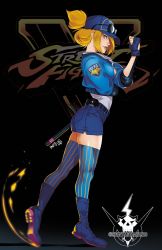 Rule 34 | 1girl, ass, baseball cap, baton (weapon), belt, blonde hair, blue eyes, blue footwear, blue jacket, blue legwear, blue shorts, boots, clenched hand, combat boots, commentary, cropped jacket, english commentary, eyewear on headwear, fingerless gloves, folded ponytail, from side, gloves, hair over one eye, hair through headwear, hat, jacket, lips, long hair, looking at viewer, lucia morgan, metalhanzo, nose, police, police uniform, policewoman, short shorts, shorts, sleeves pushed up, solo, street fighter, street fighter v, striped legwear, sunglasses, uniform, vertical-striped legwear, weapon