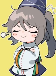 Rule 34 | 1girl, blue hat, blue skirt, blush stickers, chibi, closed eyes, closed mouth, crossed arms, grey hair, hat, japanese clothes, kariginu, long hair, long sleeves, mononobe no futo, outline, ponytail, sasa kichi, simple background, skirt, smile, solo, tate eboshi, touhou, v-shaped eyebrows, white outline, yellow background
