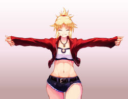 Rule 34 | 1girl, ^ ^, absurdres, bandeau, belt, black belt, blonde hair, breasts, closed eyes, collarbone, commentary request, crop top, cropped jacket, cutoffs, denim, denim shorts, fate/apocrypha, fate (series), full body, gradient background, grey background, grin, groin, hair ornament, hair scrunchie, highres, jacket, jewelry, juunishi aya, midriff, mordred (fate), mordred (fate/apocrypha), mordred (memories at trifas) (fate), navel, necklace, open clothes, open jacket, outstretched arms, parted bangs, ponytail, red jacket, red scrunchie, scrunchie, short shorts, shorts, sidelocks, simple background, sleeves past wrists, small breasts, smile, solo, standing, white background, white bandeau