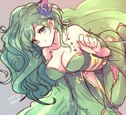 Rule 34 | 1girl, breasts, cleavage, closed mouth, dated, earrings, final fantasy, final fantasy iv, green eyes, green hair, hair ornament, jewelry, long hair, looking at viewer, aged up, peso kongari, rydia (ff4), simple background, smile, solo