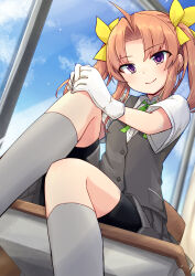 Rule 34 | 1girl, ahoge, blue sky, classroom, desk, gloves, grey skirt, grey socks, grey vest, hair intakes, indoors, kagerou (kancolle), kakizaki (chou neji), kantai collection, light brown hair, looking at viewer, on desk, puffy short sleeves, puffy sleeves, purple eyes, short sleeves, sitting, on desk, skirt, sky, smile, socks, solo, twintails, vest, white gloves