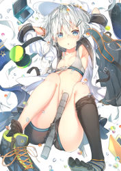 Rule 34 | 10s, 1girl, :o, air bubble, armpits, backpack, bad feet, bag, between legs, black thighhighs, blue eyes, blush, breasts, bubble, collarbone, feet, flat cap, handheld game console, hat, hibiki (kancolle), kantai collection, looking at viewer, navel, nintendo 3ds, off shoulder, scissors, shoes, silver hair, simple background, single shoe, small breasts, sneakers, solo, sports bra, star (symbol), sune (mugendai), suneo, thighhighs, toes, verniy (kancolle)