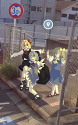 Rule 34 | 3girls, blonde hair, blue dress, blue eyes, blue hair, cirno, commentary, daiyousei, double v, dress, english commentary, fence, full body, google street view, green eyes, green hair, hair ribbon, high school girls posing for google street view (meme), highres, looking at viewer, meme, multiple girls, outdoors, outstretched arms, red eyes, red ribbon, ribbon, road sign, rumia, sazzuno, short hair, side ponytail, sign, standing, standing on one leg, touhou, v
