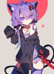 Rule 34 | 1girl, ahoge, animal ears, bare shoulders, belt, black jacket, blush stickers, cat ears, commentary, contrapposto, cowboy shot, criss-cross halter, dress, grey background, hair ornament, hair tubes, halterneck, highres, hip gear, jacket, kemonomimi mode, meto (metrin), open clothes, open jacket, paw print, purple dress, purple eyes, purple hair, purple thighhighs, short hair with long locks, sleeveless, sleeveless dress, sleeves past fingers, sleeves past wrists, solo, sweat, symbol-only commentary, thighhighs, vocaloid, voiceroid, yuzuki yukari