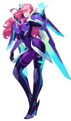 Rule 34 | 1girl, absurdres, artist request, bodysuit, estelle (omega strikers), flower, full body, high heels, highres, incredibly absurdres, light smile, long hair, looking at object, magic, mechanical wings, mole, mole under eye, non-web source, official alternate costume, official art, omega strikers, pink hair, purple eyes, rose, skin tight, solo, standing, wings