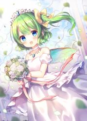 Rule 34 | 1girl, :d, bare shoulders, blue eyes, blurry, blurry background, blush, bouquet, bow, coa (chroo x), collarbone, commentary request, daiyousei, depth of field, detached sleeves, dress, fairy wings, falling leaves, flower, green flower, green hair, green wings, hair between eyes, hair bow, holding, holding bouquet, leaf, one side up, open mouth, puffy short sleeves, puffy sleeves, rose, short sleeves, smile, solo, strapless, strapless dress, tiara, touhou, wedding dress, white dress, white flower, white rose, white sleeves, wings, yellow bow