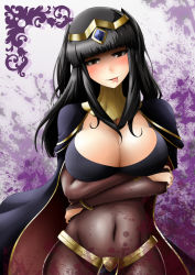 Rule 34 | 1girl, black hair, blood, blood stain, blush, bodysuit, breast hold, breasts, bridal gauntlets, brown eyes, cape, cleavage, crossed arms, female focus, fire emblem, fire emblem awakening, head tilt, highres, large breasts, licking lips, long hair, mice (sake nomitai), micesakenomitai, nintendo, solo, tharja (fire emblem), tiara, tongue, tongue out, two side up