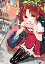 Rule 34 | 1girl, absurdres, bag, black thighhighs, brown hair, dress, from above, furukawa itsuse, hair ornament, hair rings, highres, lace, lace-trimmed legwear, lace trim, letter, long hair, looking at viewer, love letter, open bag, open mouth, original, outdoors, red dress, red eyes, school bag, sitting, solo, thighhighs