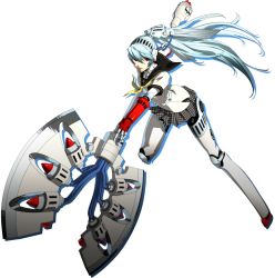 Rule 34 | 1girl, android, aqua hair, axe, battle axe, blue hair, full body, headphones, highres, joints, knee pads, labrys (persona), long hair, megami tensei, miniskirt, persona, persona 4, persona 4: the ultimate in mayonaka arena, pleated skirt, ponytail, red eyes, robot joints, school uniform, shin megami tensei, skirt, soejima shigenori, solo, transparent background, very long hair, weapon