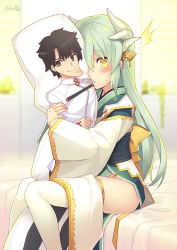 Rule 34 | 1girl, aqua hair, artist name, bed sheet, blurry, blush, brown eyes, character print, command spell, dakimakura (object), depth of field, fate/grand order, fate (series), female pervert, fujimaru ritsuka (male), hair ornament, horns, indoors, japanese clothes, kimono, kiyohime (fate), long hair, long sleeves, looking at viewer, minamura haruki, mouth hold, no panties, obi, hugging object, on bed, pelvic curtain, pervert, pillow, pillow hug, room, sash, sitting, smile, solo, thighhighs, twitter username, white thighhighs, wide sleeves