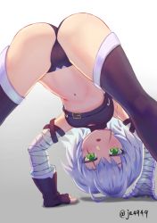 Rule 34 | 1girl, ahoge, all fours, ass, bandaged arm, bandages, bare shoulders, belt, black thighhighs, blush, breasts, cleavage cutout, clothing cutout, face, fate/apocrypha, fate/grand order, fate (series), from behind, gloves, green eyes, grey hair, jack the ripper (fate/apocrypha), looking at viewer, navel, nzz, scar, scar on face, short hair, single glove, small breasts, solo, tattoo, thighhighs, twitter username
