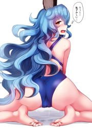 Rule 34 | 1girl, alternate costume, ass, bare legs, bare shoulders, barefoot, blue one-piece swimsuit, blush, competition swimsuit, dripping, erune, feet, ferry (granblue fantasy), granblue fantasy, kneeling, leaning forward, long hair, looking at viewer, looking back, nose blush, one-piece swimsuit, open mouth, profile, simple background, soles, solo, spread legs, stain, swimsuit, tenken (gotannda), thought bubble, toes, translated, trefoil, very long hair, wavy hair, wavy mouth, white background