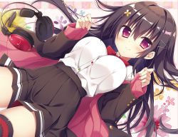 Rule 34 | 1girl, black hair, black jacket, black skirt, black thighhighs, blazer, blush, bow, bowtie, breasts, buttons, cardigan, closed mouth, collared shirt, cross hair ornament, dutch angle, fingernails, floating hair, floral background, hair between eyes, hair ornament, hairclip, hands up, head tilt, headphones, headphones removed, high-waist skirt, jacket, large breasts, long hair, long sleeves, looking at viewer, matsumiya kiseri, miniskirt, off shoulder, open cardigan, open clothes, open jacket, original, pinching sleeves, pink cardigan, pleated skirt, purple eyes, red bow, red bowtie, school uniform, shirt, shirt tucked in, sidelocks, skirt, sleeves past wrists, smile, solo, thighhighs, white shirt, x hair ornament, zettai ryouiki