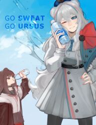 Rule 34 | absurdres, animal ears, arknights, bear ears, bear girl, black pantyhose, blue eyes, blue hair, blue nails, blue necktie, bottle, brown hair, brown jacket, buttons, coat, cowboy shot, drinking, english text, grey hair, hand on own hip, hand up, highres, holding, holding bottle, jacket, long hair, long sleeves, multicolored hair, necktie, nose, off shoulder, one eye closed, open clothes, open jacket, pantyhose, pink hair, red nails, rosa (arknights), smile, streaked hair, two-tone nails, white coat, xo wawawa, zima (arknights)