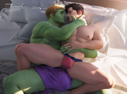 Rule 34 | 2boys, appas, artist name, bara, bed, black hair, black shorts, blonde hair, bulge, colored skin, couple, green skin, highres, hulkling, instagram username, jockstrap, large pectorals, looking at another, lying, male focus, male underwear, marvel, multiple boys, muscular, muscular male, nipples, on back, on bed, patreon username, pectorals, purple shorts, red male underwear, short hair, shorts, smile, twitter username, underwear, wiccan, yaoi