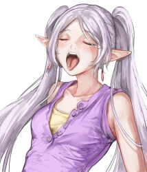Rule 34 | 1girl, absurdres, breasts, closed eyes, earrings, elf, frieren, grey hair, highres, jewelry, long hair, nui gurumi, open mouth, pointy ears, purple shirt, saliva, shirt, simple background, sleeveless, sleeveless shirt, small breasts, solo, sousou no frieren, tongue, tongue out, twintails, white background