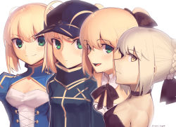 Rule 34 | 4girls, :d, ahoge, artoria pendragon (all), artoria pendragon (fate), baseball cap, black ribbon, blonde hair, blue dress, boa (brianoa), braid, breasts, cleavage cutout, closed mouth, clothing cutout, detached collar, dress, fate/stay night, fate (series), green eyes, hat, juliet sleeves, long sleeves, looking at viewer, multiple girls, multiple persona, mysterious heroine x (fate), neck ribbon, open mouth, puffy sleeves, ribbon, saber (fate), saber alter, saber lily, signature, simple background, small breasts, smile, white background, yellow eyes