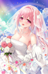 Rule 34 | 1boy, 1girl, aqua hair, blush, bouquet, breasts, bridal veil, bride, cleavage, cloud, day, dress, elbow gloves, flower, gloves, gradient hair, harusame (kancolle), highres, jewelry, kantai collection, long hair, long sleeves, looking at viewer, medium breasts, multicolored hair, necklace, open mouth, outdoors, petals, pink hair, ponytail, pov, rainbow, ring, ringo sui, rose, side ponytail, sky, strapless, strapless dress, tears, veil, wedding dress, wedding ring, white dress, white gloves