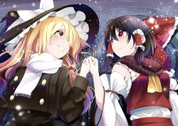 Rule 34 | 2girls, ascot, black headwear, black vest, blonde hair, blush, bow, braid, brown hair, commentary request, detached sleeves, eye contact, frilled bow, frilled hair tubes, frills, hair bow, hair ribbon, hair tubes, hakurei reimu, hat, hat bow, highres, holding hands, interlocked fingers, kirisame marisa, light particles, light smile, long hair, long sleeves, looking at another, lying, multiple girls, nodoguro (phi-tan), on back, red bow, red eyes, red ribbon, red scarf, ribbon, ripples, scarf, short hair, side braid, single braid, smile, striped clothes, striped scarf, tears, touhou, vest, water, white bow, white scarf, witch hat, yellow ascot, yellow eyes