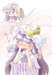 Rule 34 | 2girls, alice margatroid, arnest, blonde hair, blush, blush stickers, bow, capelet, crescent, dress, closed eyes, female focus, hair bow, hairband, hands on own cheeks, hands on own face, hat, heart, highres, imagining, kiss, long hair, long sleeves, multiple girls, necktie, open mouth, patchouli knowledge, purple dress, purple eyes, purple hair, short hair, touhou